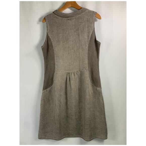 Lina Tomei Linen Embroidered Front Taupe Dress Pockets Classy Comfort Size L - Picture 2 of 8